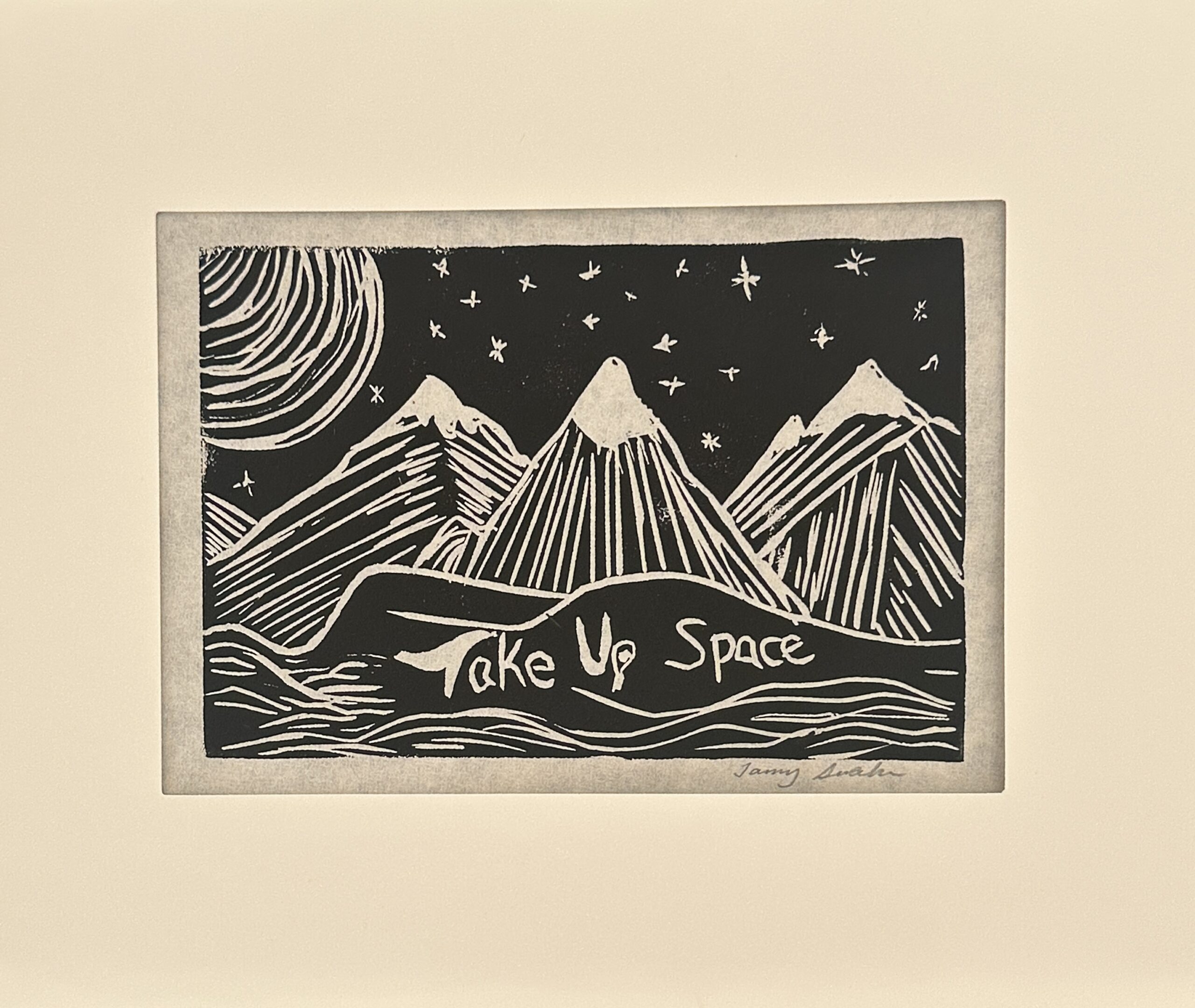 Take Up Space, linocut of mountains under a starry sky