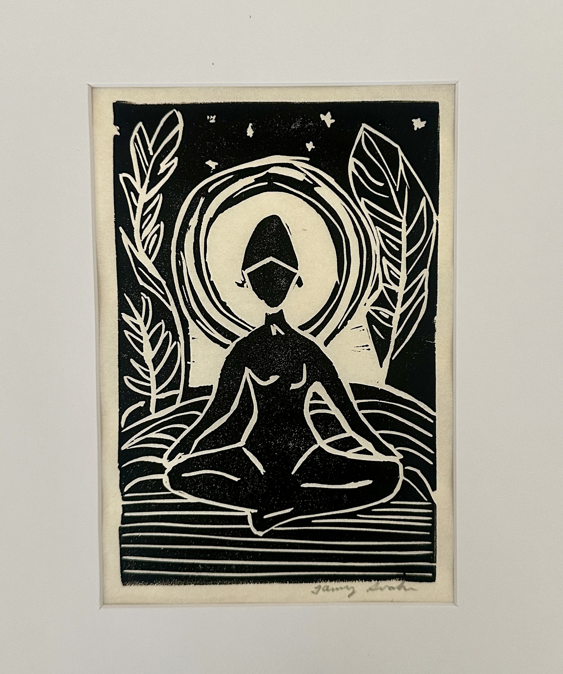 Threshold Horizons, linocut of a meditating figure among leaves and stars