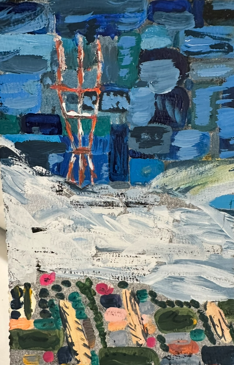 Sutro Tower #1, acrylic painting of Sutro Tower rising above a dark hillside at sunset